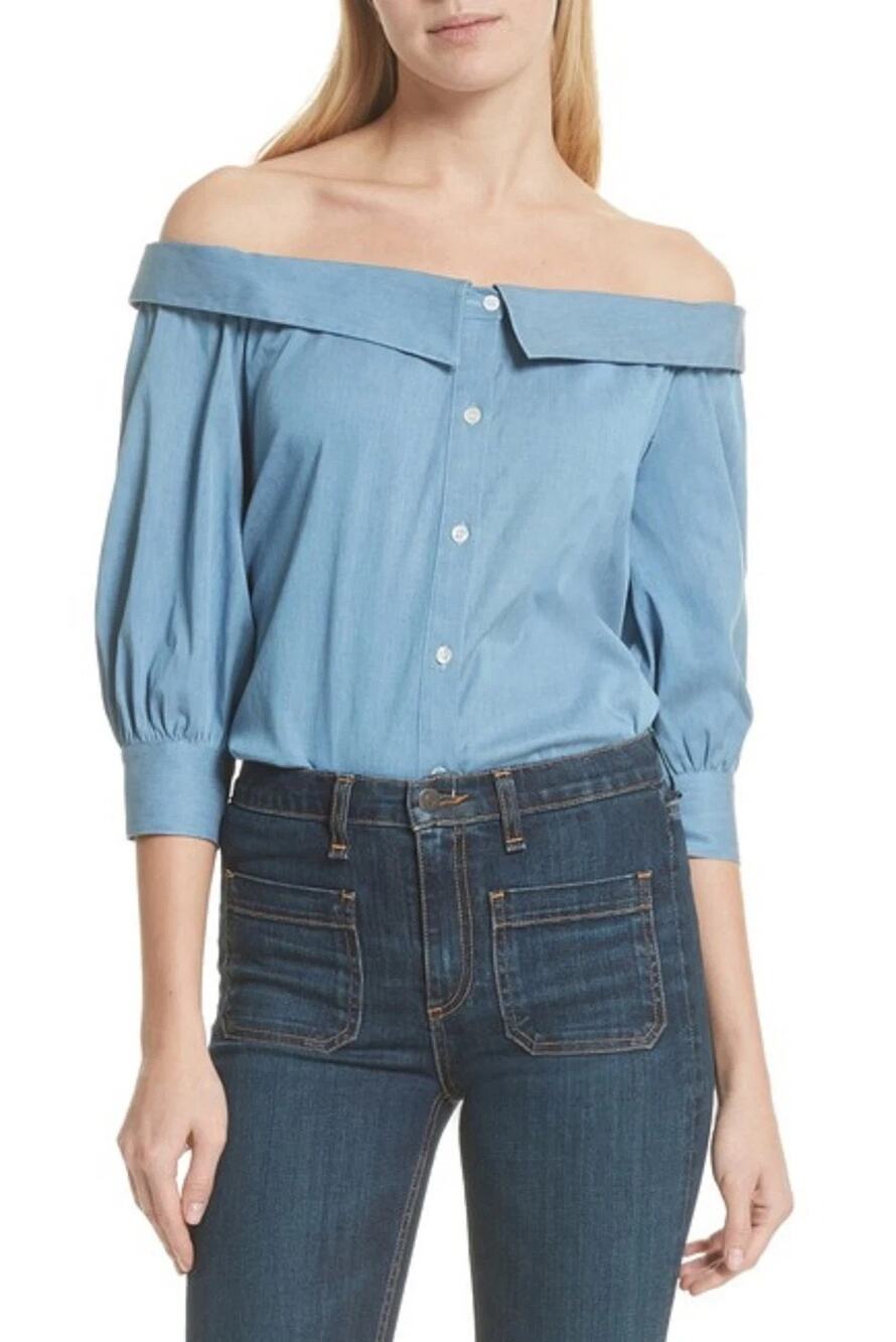 Veronica Beard Britta Top denim blue off shoulder button front size US 6